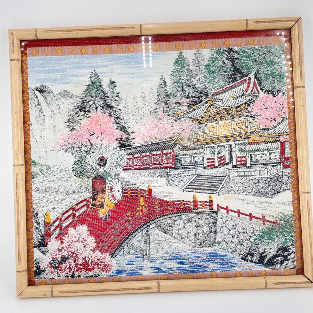 Vintage 1968 Japanese Woven Textile Art Framed Kimono Bridge Temple Bamboo Frame